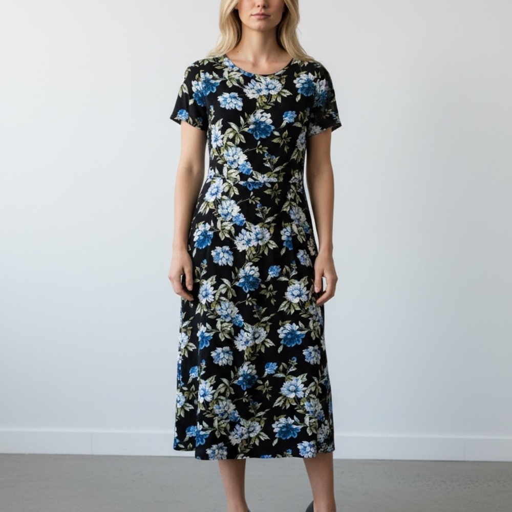 Banana Republic Black Midi Dress with Blue Floral Print